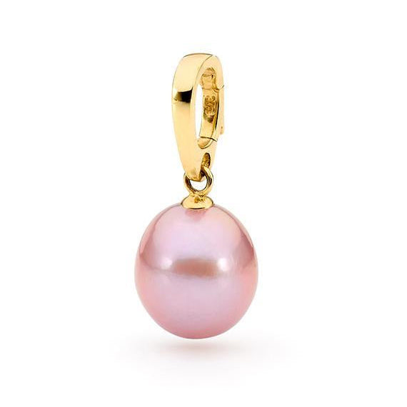 An Agatha Edison Pendant with a pink Edison pearl drop suspended from a gold bail.