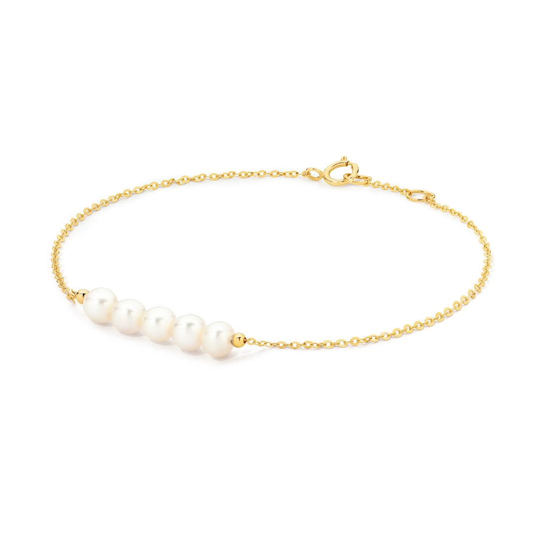 Gold bracelet with pearls on a white background