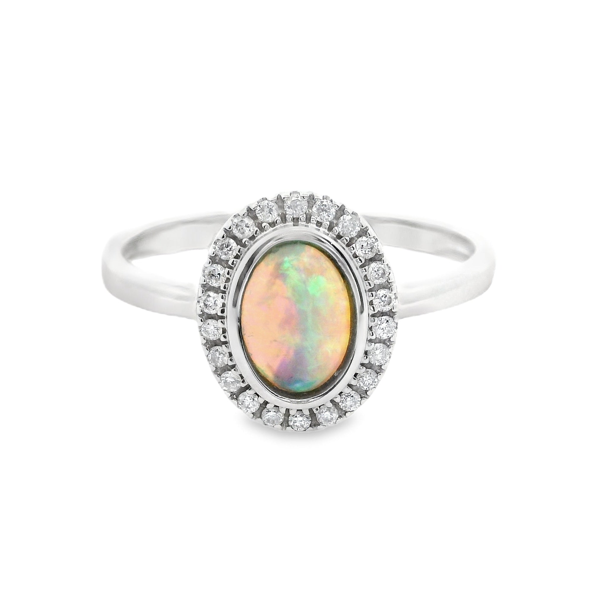 White gold ring with an opal stone and diamond accents on a white background